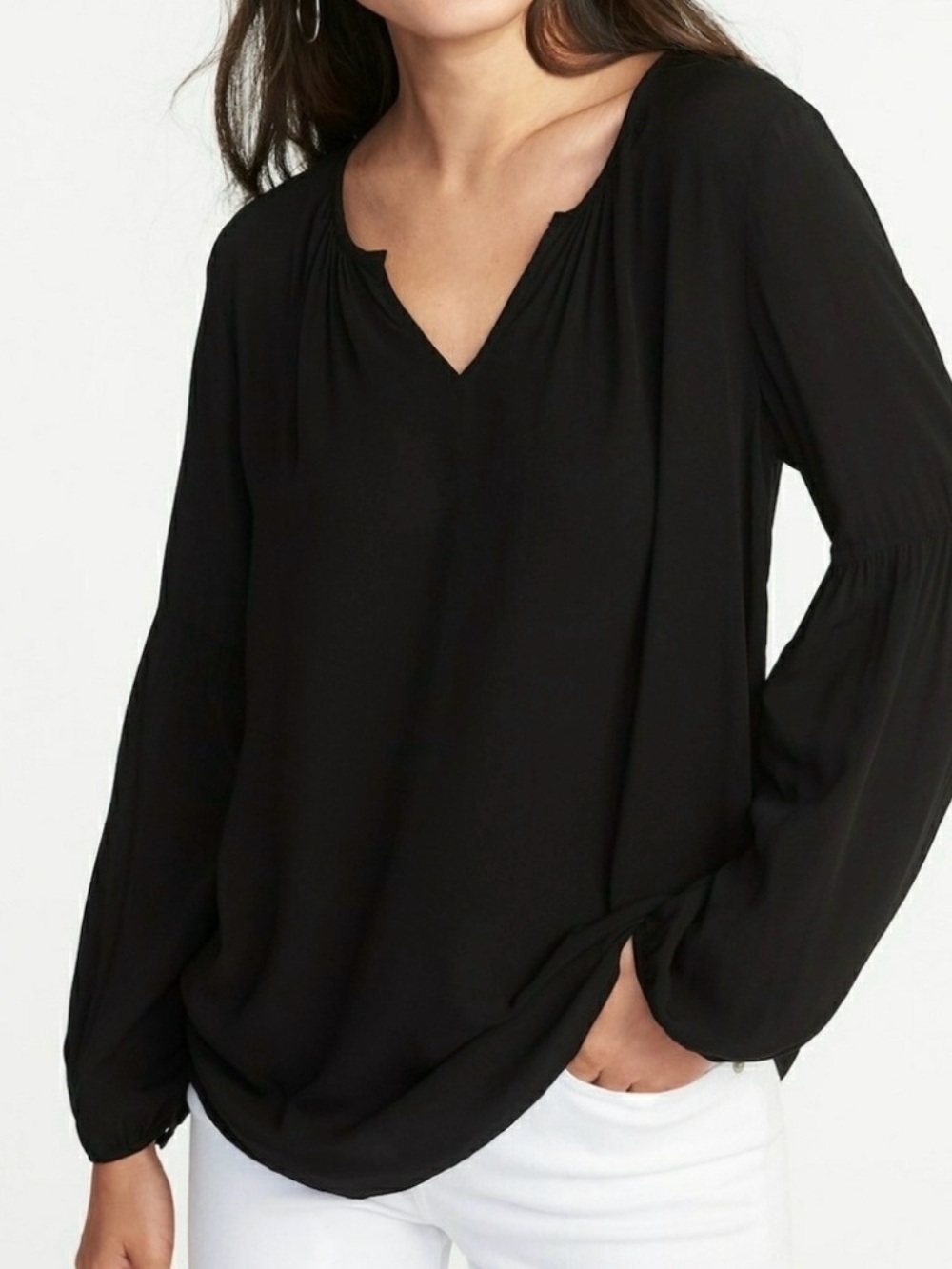 Old Navy Black Peasant Blouse V-Neck, Long Sleeve Top Size M